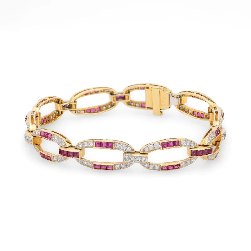 Bold bangle bracelets with textured finishes for a dynamic and modern style-Mid Century ruby diamond 18k yellow gold bracelet