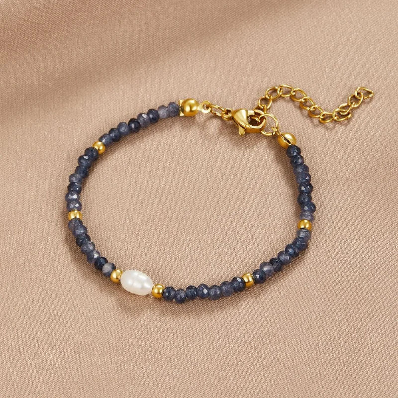 Bold bangle bracelets with mixed materials like wood, metal, and fabric-Navy Sodalite Pearl & Bead Bracelet