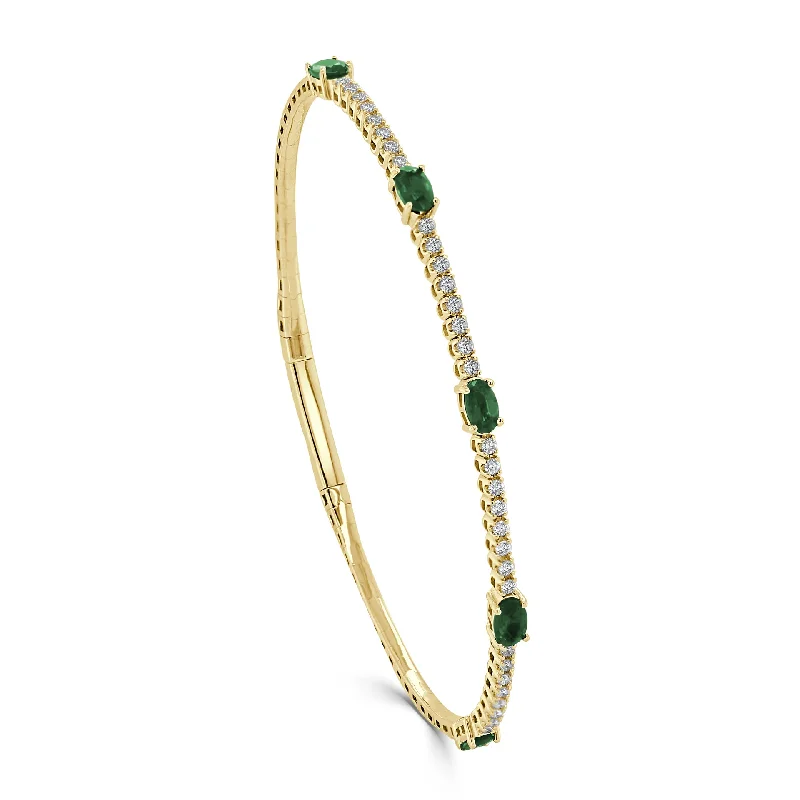 Elegant bangle bracelets with diamond-shaped stones for a sophisticated look-Oval Emerald & Diamond Flexible Bangle in 14KYellow Gold