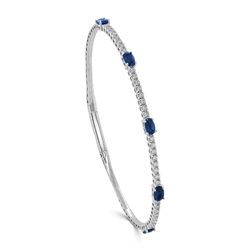 Best bangle bracelets with engraved initials for a personalized and meaningful gift-Oval Sapphire & Diamond Flexible Bangle in 14K White Gold