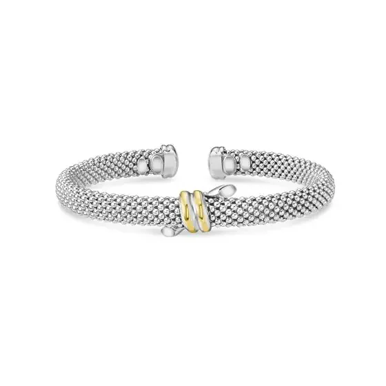 Best bangle bracelets for stacking with delicate and thin designs for layering-Popcorn Knot Cuff Bangle in Sterling Silver & 18K Yellow Gold