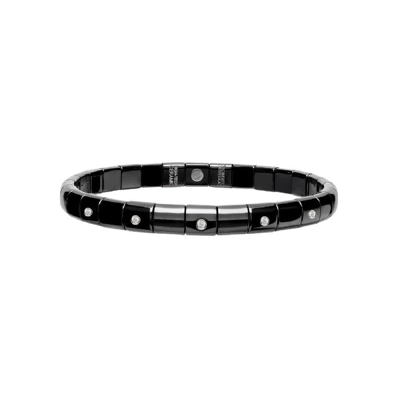 Bold bangle bracelets with mixed materials like wood, metal, and fabric-Diamond and Black Ceramic Pura Stretch Bracelet