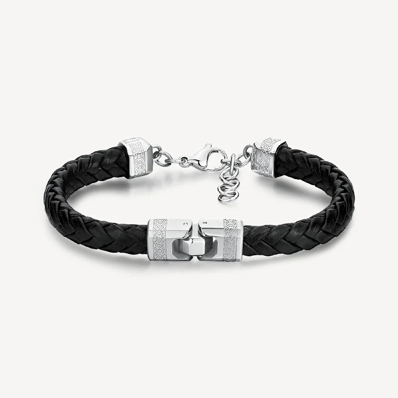 Stylish bangle bracelets with gemstone accents for a chic and modern look-Square Knocker Leather Bracelet in Stainless Steel