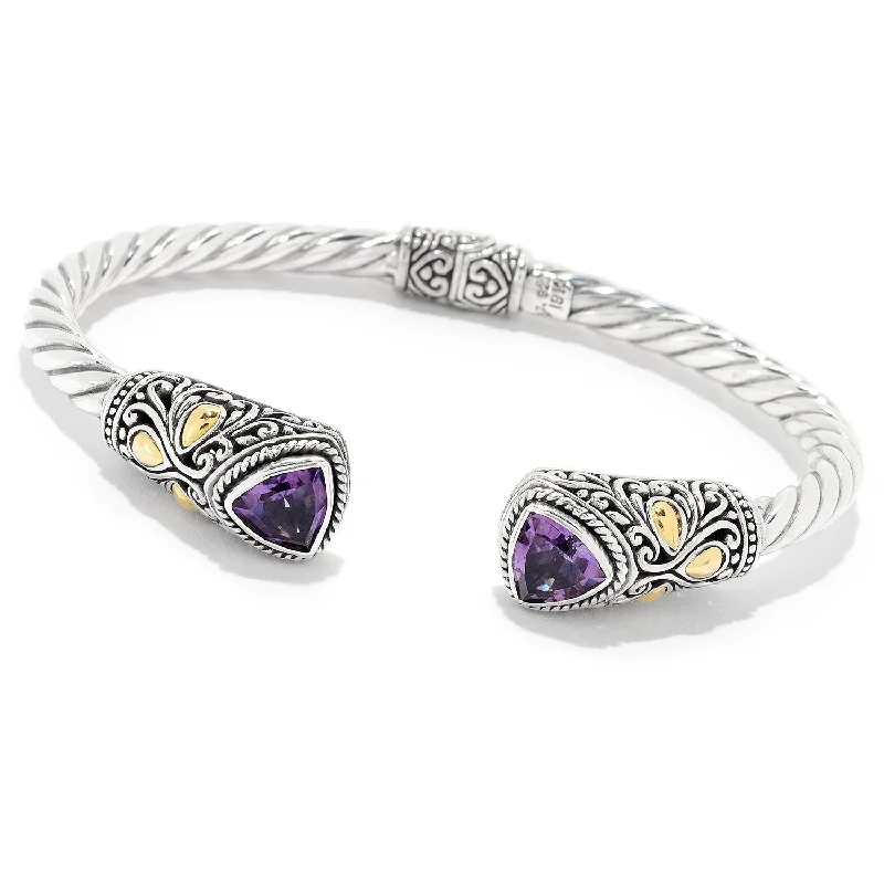 Bangle bracelets with hand-painted designs for an artistic and colorful look-Sterling Silver & 18K Gold Trillion Amethyst Hinged Bangle