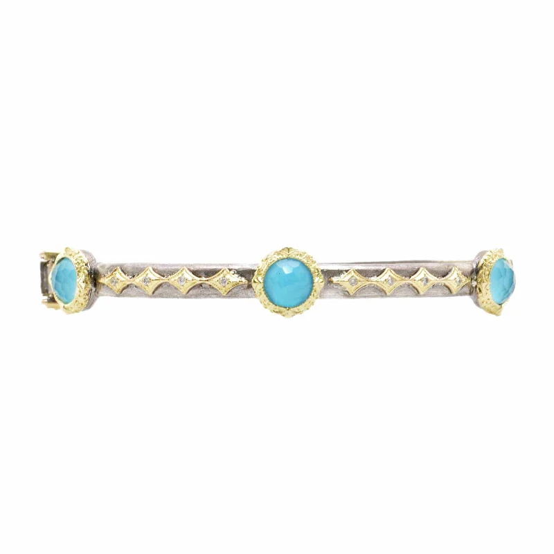 Best bangle bracelets with bright enamel colors for a fun and youthful style-Old World Hinged Bangle with Turquoise Doublets and Diamonds