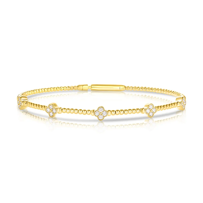 Best bangle bracelets with engraved floral patterns for a delicate and elegant design-Diamond Clover Station Flexible Beaded Bangle